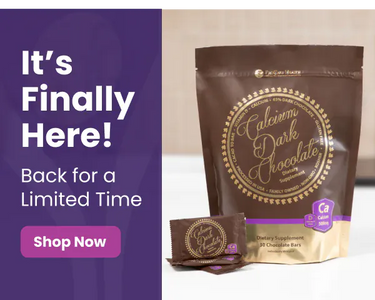 Calcium dark chocolate dietary supplement package with bars, promoting limited-time offer to shop now.