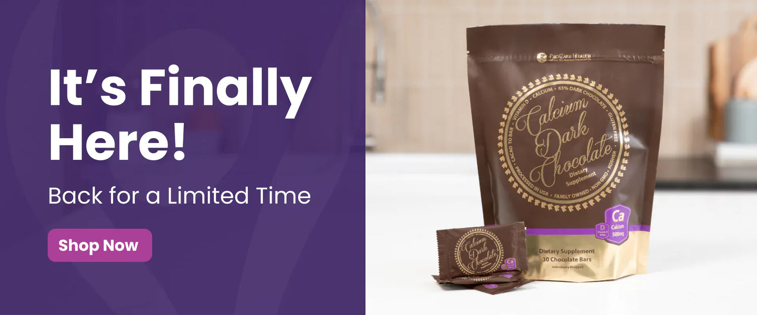 Calcium Dark Chocolate package on a counter, advertising limited-time availability with a call to action to shop now.