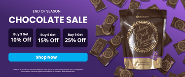 Promotional banner for a chocolate sale with discount information and a 'Shop Now' button on a purple background.