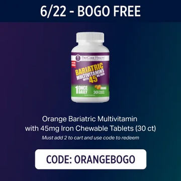 Bariatric Multivitamin bottle with promotional text on a dark blue background