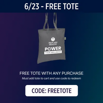 Gray tote bag with branding on a blue gradient background, promoting a free tote with purchase offer.