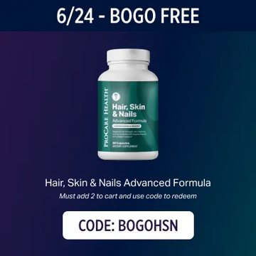 Hair, Skin & Nails Advanced Formula supplement bottle with promotional text on a dark blue background