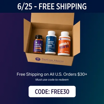 Box of health supplements with free shipping promotion on a blue background