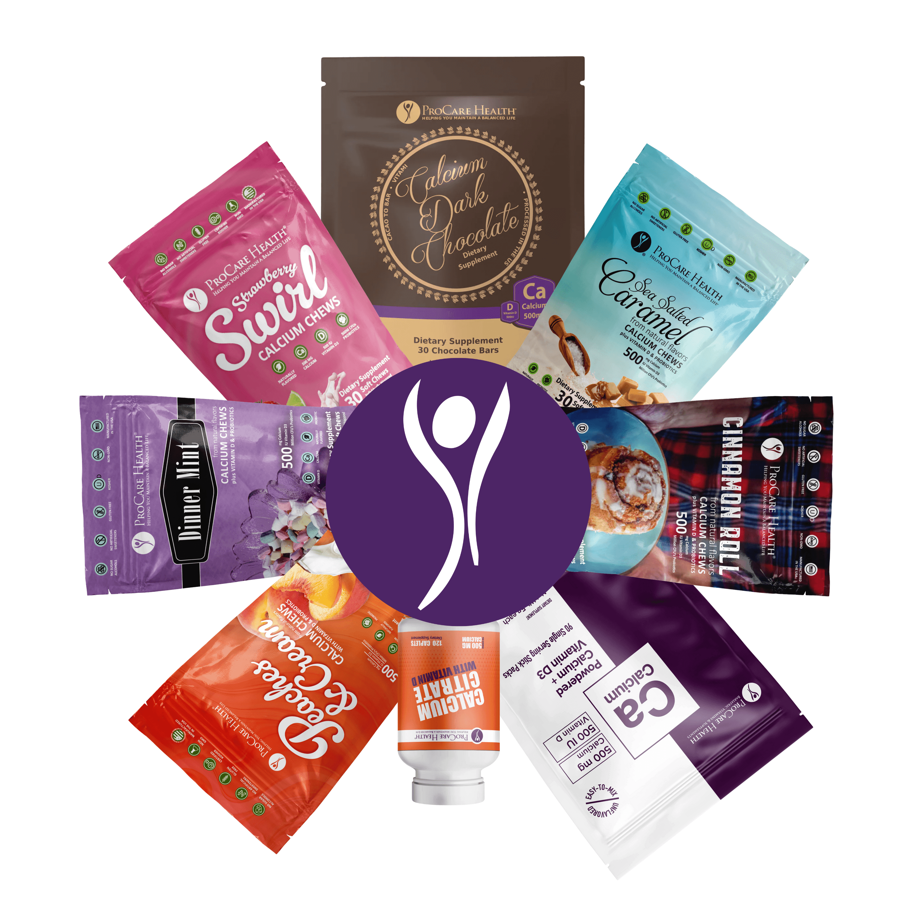 Mix & Match Calcium Trio variety of calcium supplement packets arranged in a circular design.