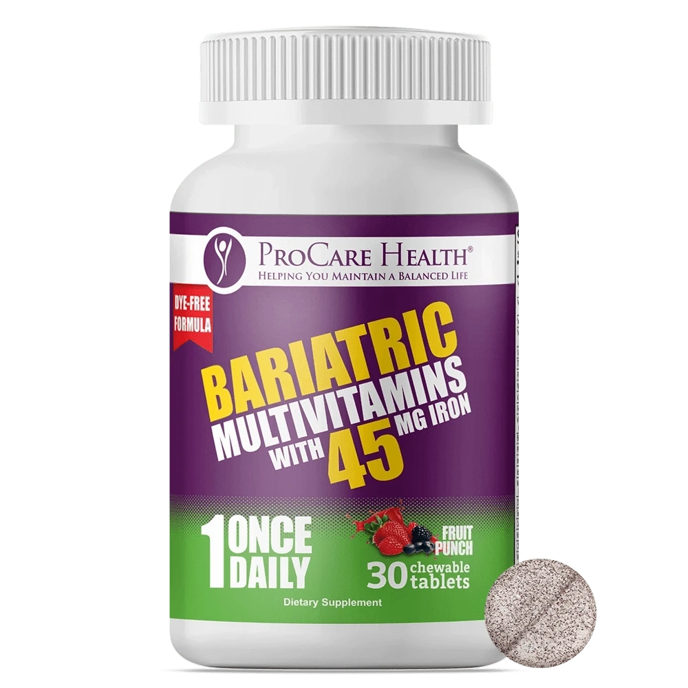 30ct bariatric multivitamin with 45 mg of iron fruit punch chewable bottle with a dye-free chewable tablet next to it
