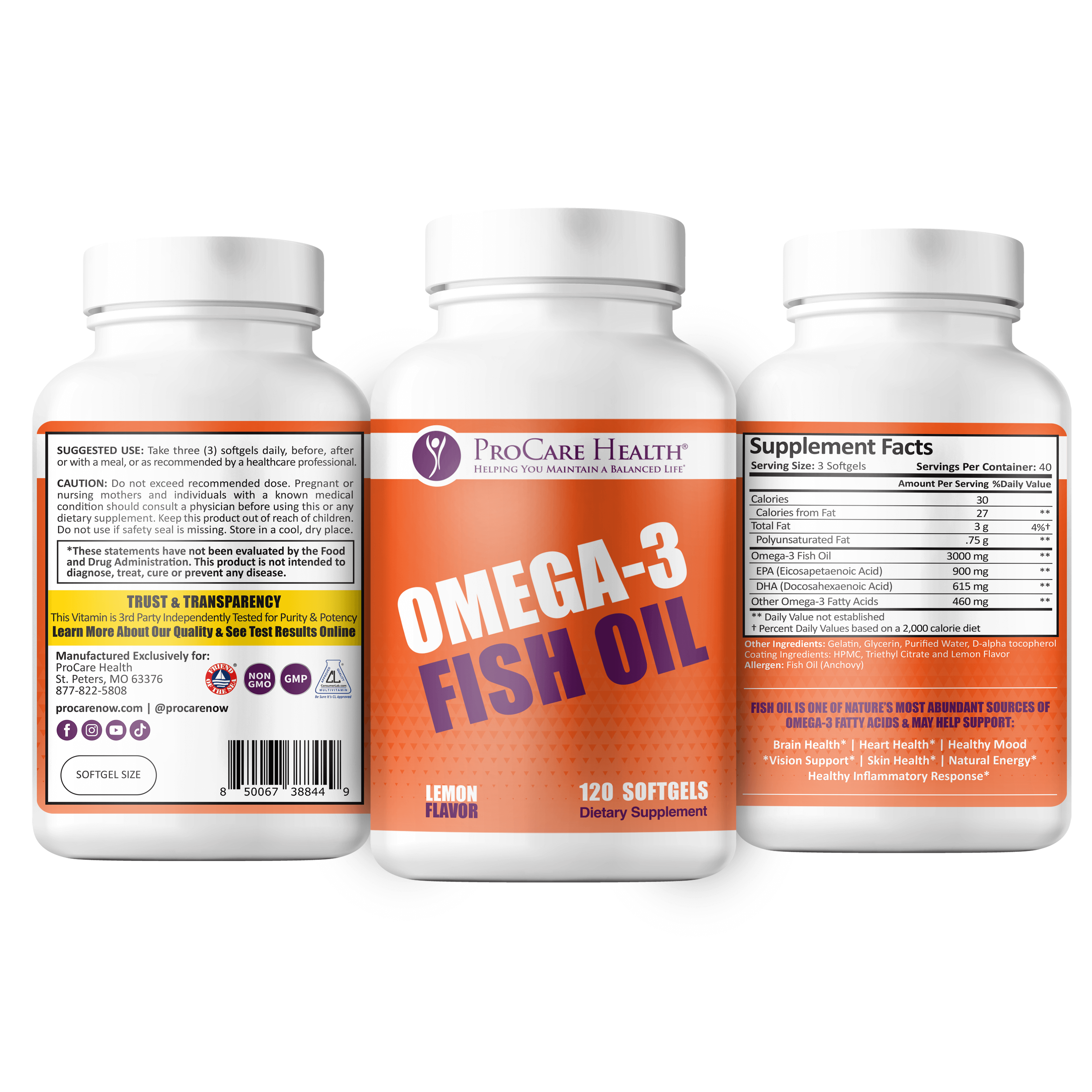 Omega-3 Fish Oil Front Label, Supplement Facts and Suggested Use Label in Orange 120t Bottle