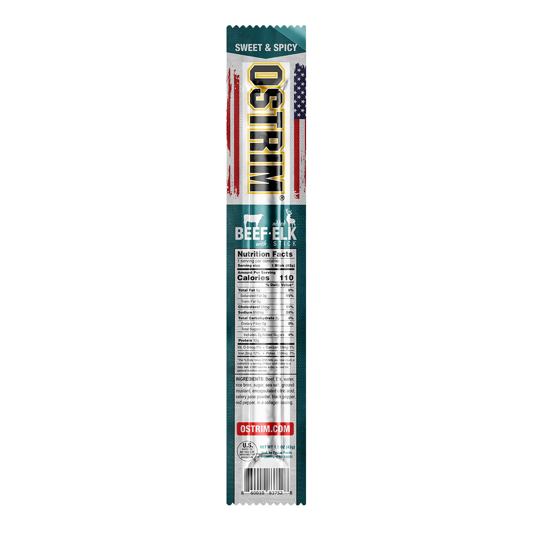 OSTRIM Beef & Elk Sweet & Spicy snack sticks – stick / label