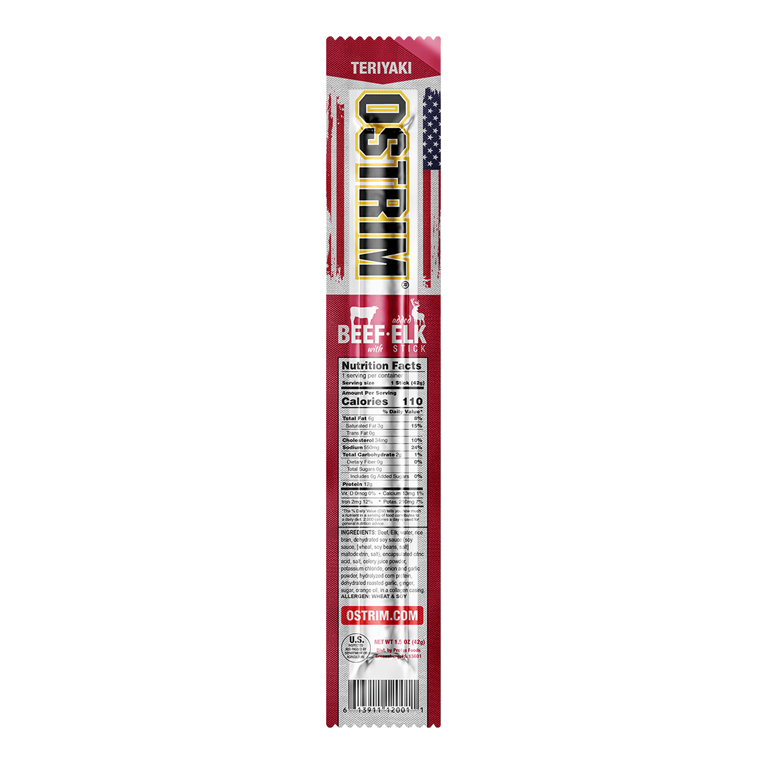 OSTRIM Beef & Elk Teriyaki snack sticks – stick / label