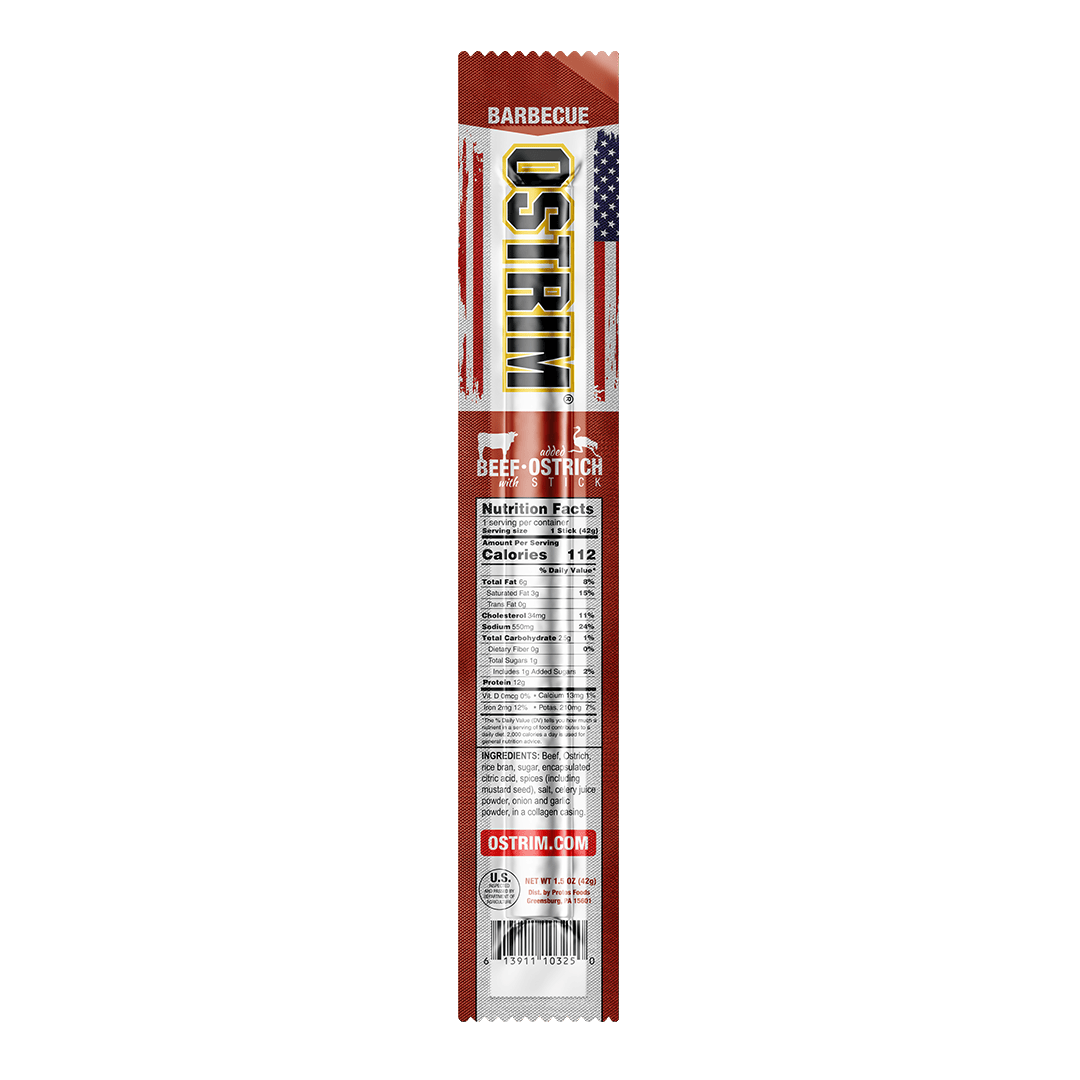 OSTRIM Beef & Ostrich BBQ snack sticks – stick / label