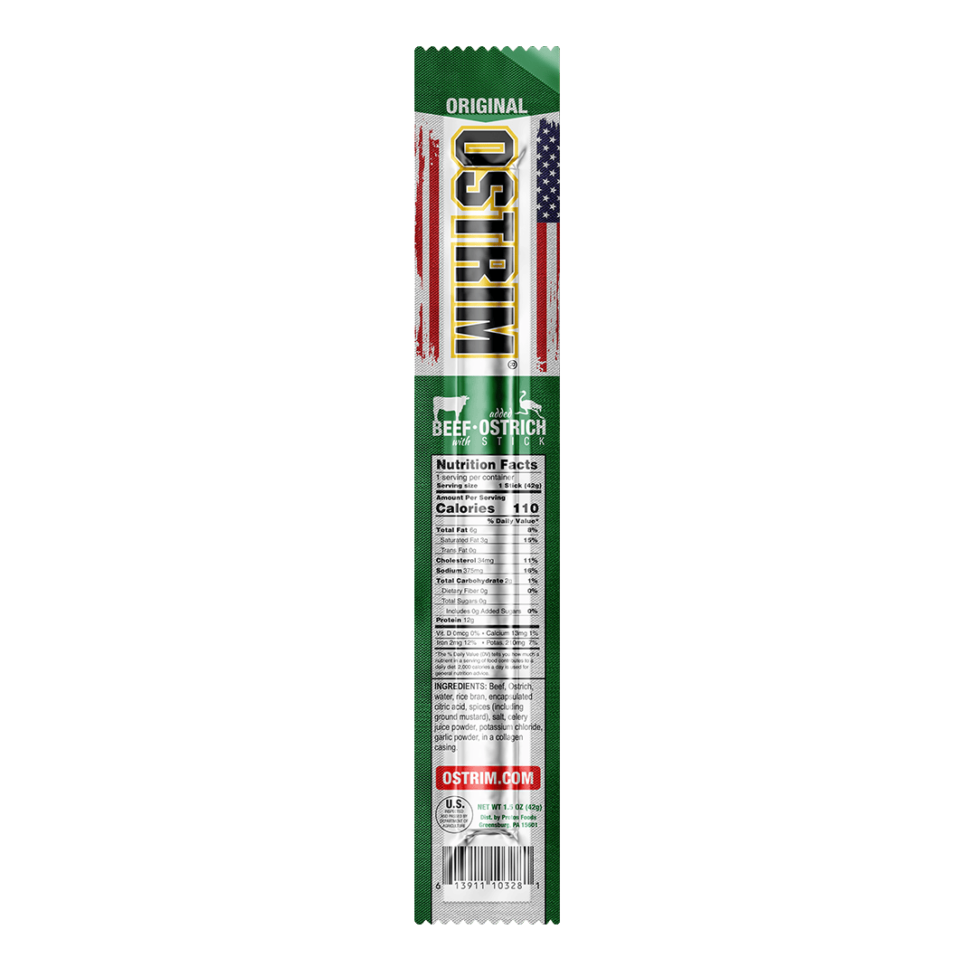 OSTRIM Beef & Ostrich Original snack sticks – stick / label