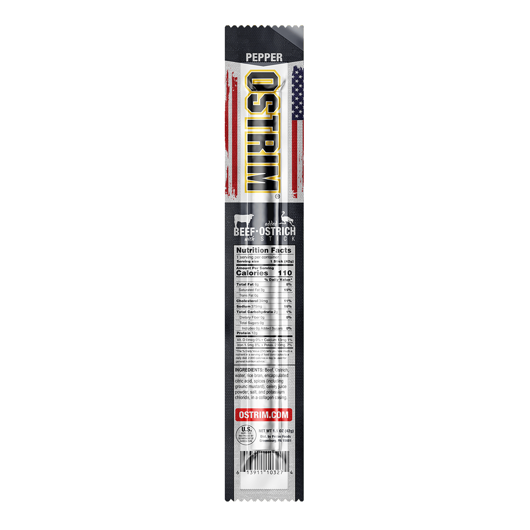 OSTRIM Beef & Ostrich Pepper snack sticks – stick / label