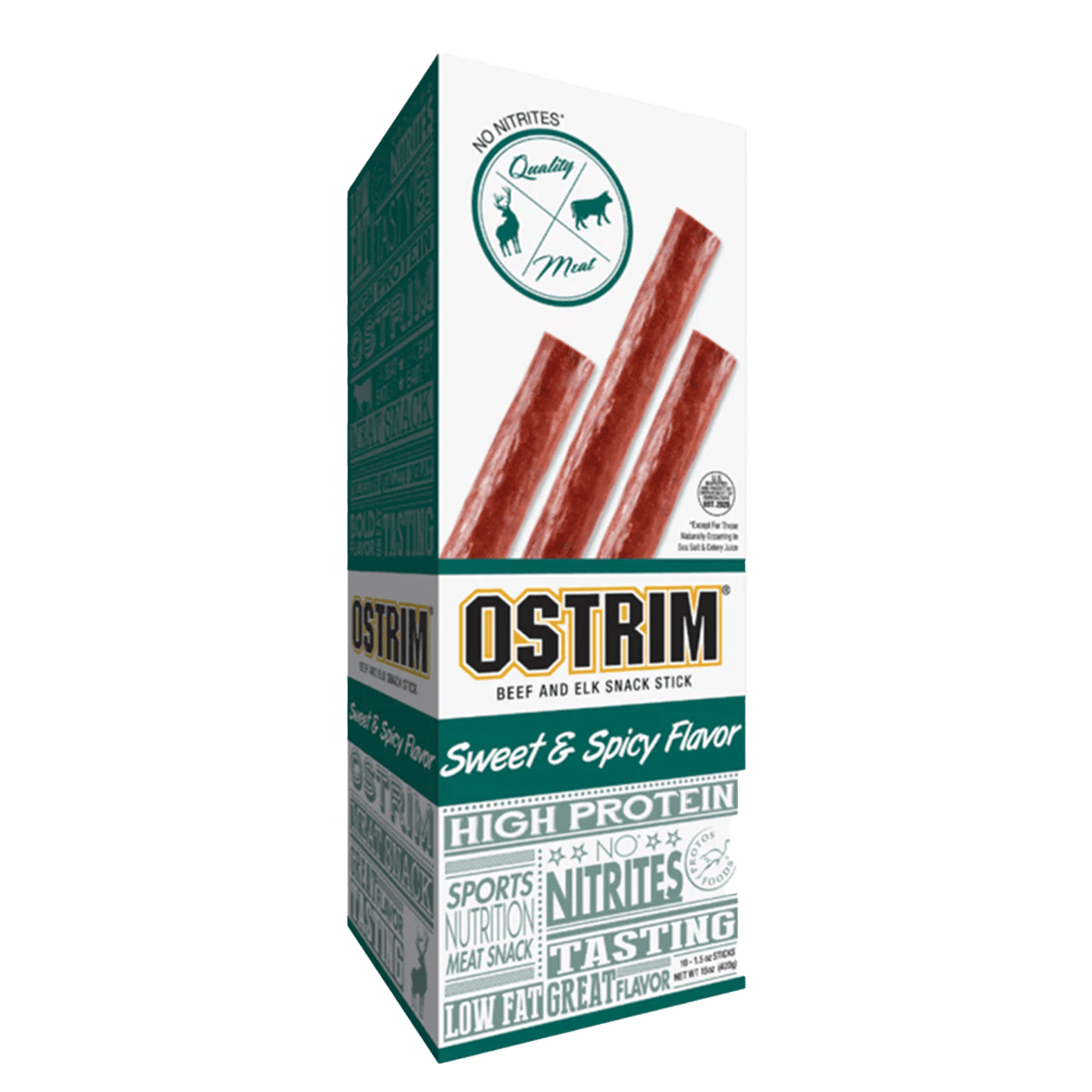 10 pack box of ostrim beef and elk snack sticks in sweet & spicy flavor
