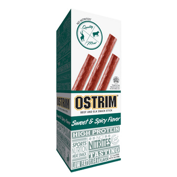 10 pack box of ostrim beef and elk snack sticks in sweet & spicy flavor
