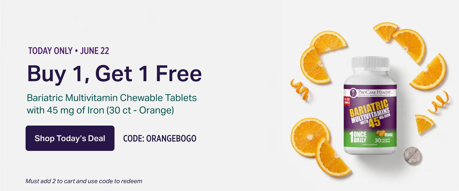 Promotional banner for Bariatic Multivitamin Chewable Tablets with oranges and a discount offer.