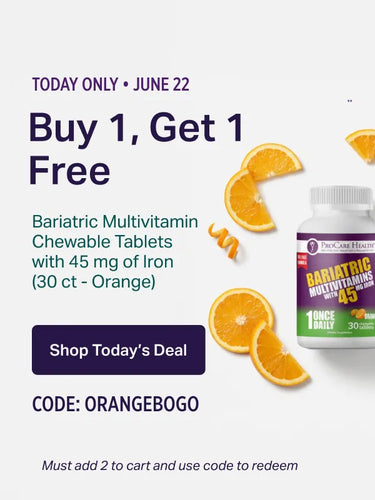 Advertisement for bariatric multivitamin chewable tablets with 45 mg of iron, featuring oranges and a promotional offer.