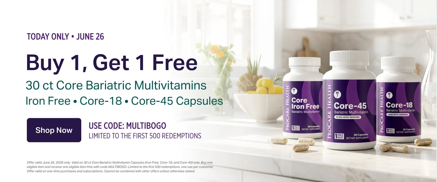 Multivitamin bottles on a kitchen counter with promotional text overlay.