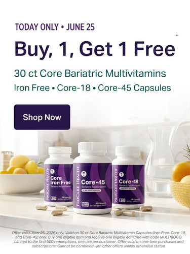 Promotional advertisement for Core Bariatric Multivitamins with a 'Buy 1, Get 1 Free' offer on June 25th.