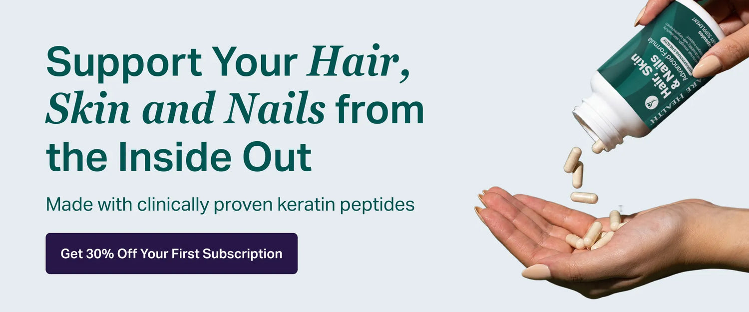 Hair, Skin & Nails supplement with clinically proven keratin peptides by ProCare Health, designed to support healthy hair, skin, and nail structure from within.