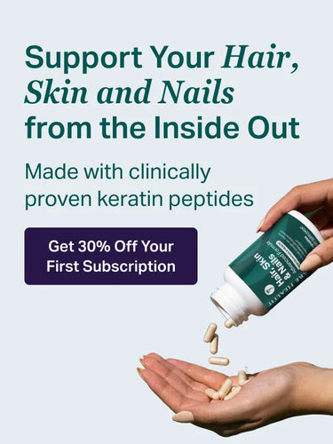 Hair, Skin & Nails supplement with clinically proven keratin peptides by ProCare Health, designed to support healthy hair, skin, and nail structure from within.