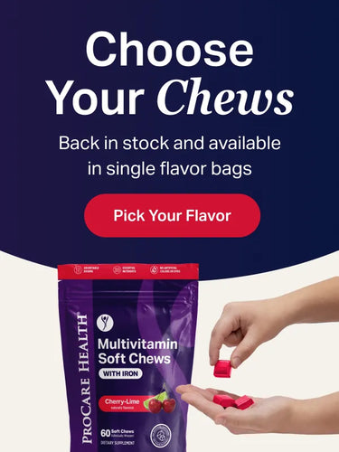 Promotional graphic for Procare Health Multivitamin Soft Chews with Iron, showing a purple stand-up pouch labeled Cherry-Lime flavor, plus a hand holding pink soft chews and another hand reaching for one. Large text at the top reads 'Choose Your Chews' and 'Back in stock and available in single flavor bags' with a red 'Pick Your Flavor' button.