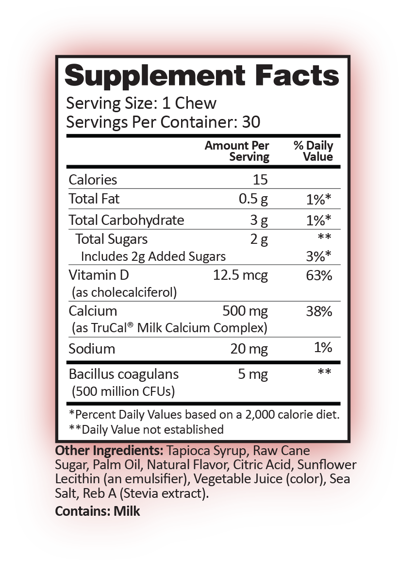 Supplement facts for Peaches & Cream Calcium Soft Chews