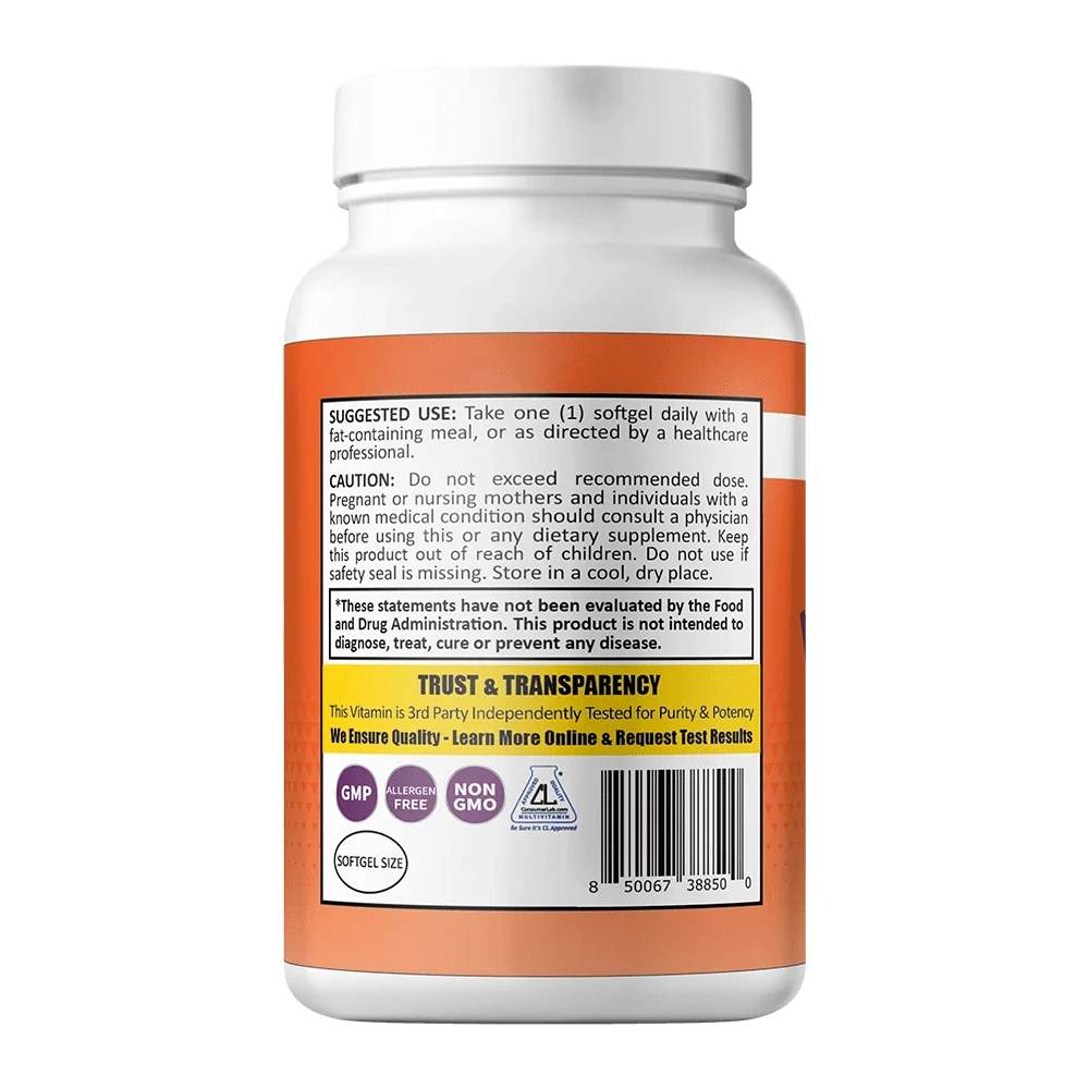 Suggested Use and Warning Label for Vitamin D3 5,000 IU in 180ct Orange bottle