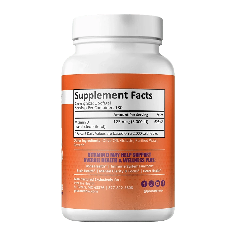 Supplement Facts for Vitamin D3 5,000 IU in 180ct Orange Bottle