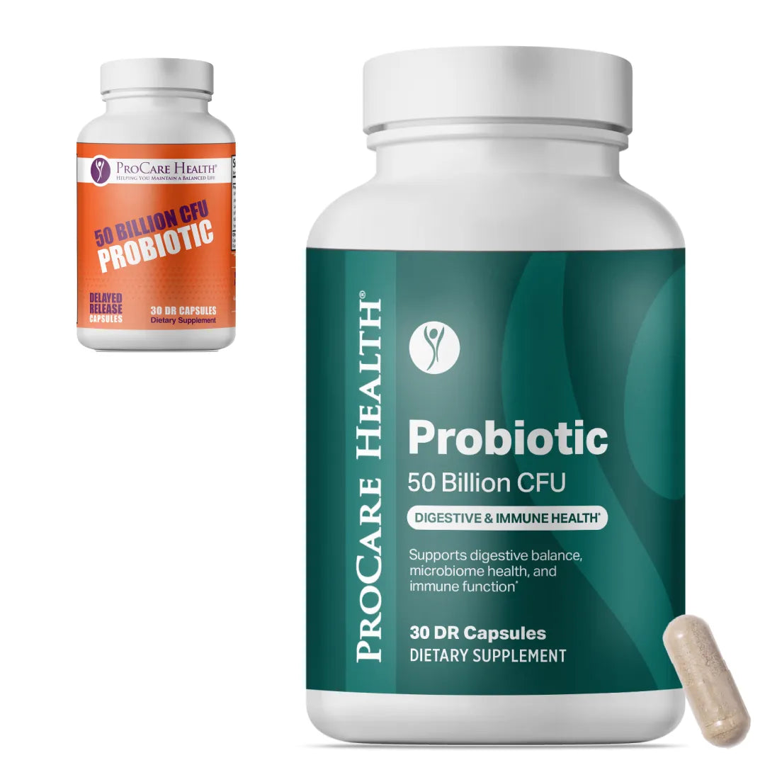 Two bottles of ProCare Health Probiotic supplement on a white background, with the new bottle enlarged in the foreground and a old smaller bottle shown behind it.