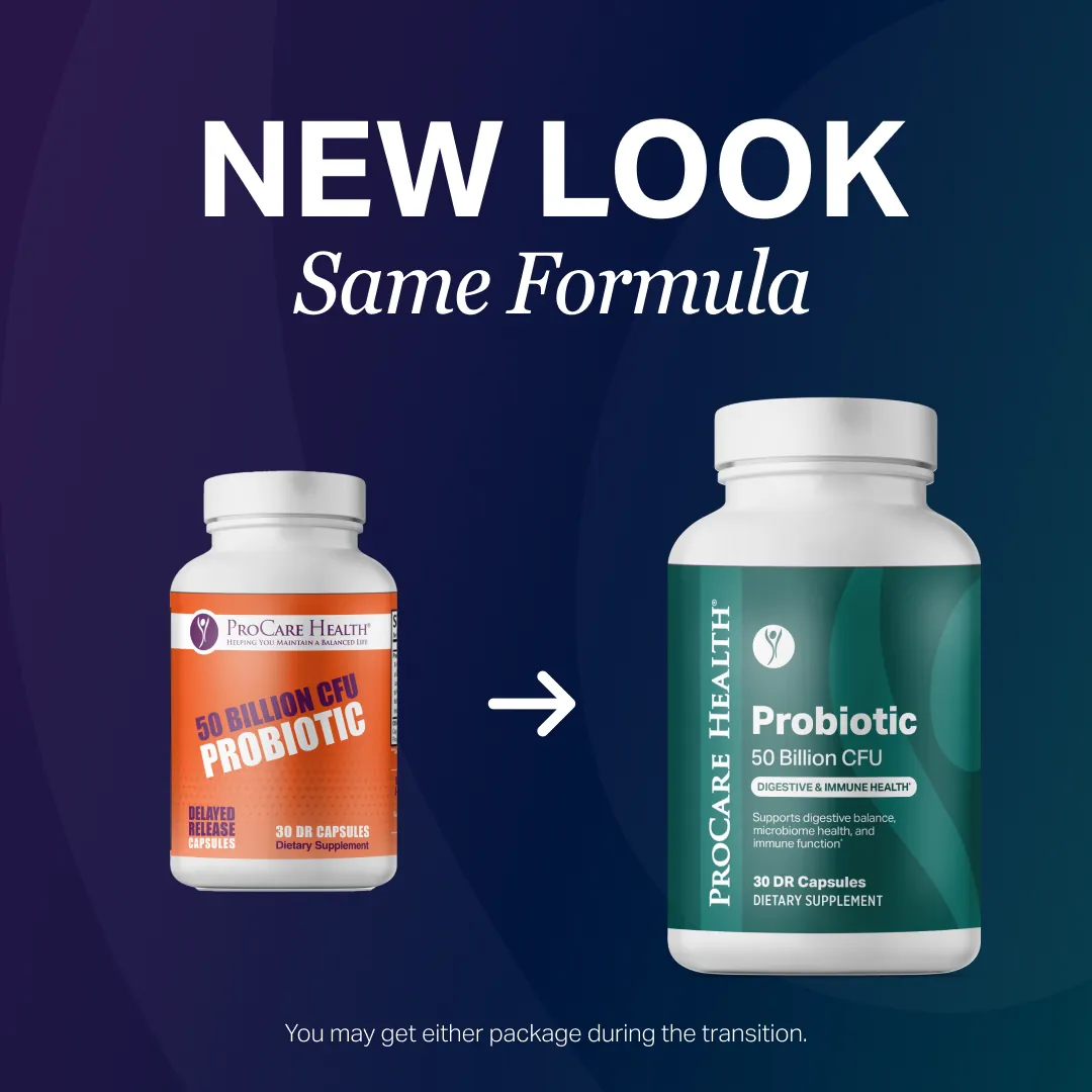 Promotional graphic for ProCare Health Probiotic 50 Billion CFU capsules, showing a before-and-after style transition with an orange label bottle on the left and a teal-and-white bottle on the right under the text 'NEW LOOK Same Formula'.