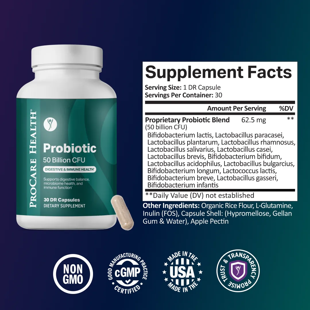 A bottle of Probiotic 50 Billion CFU dietary supplement by ProCare Health, shown alongside a large Supplement Facts label with certification badges.