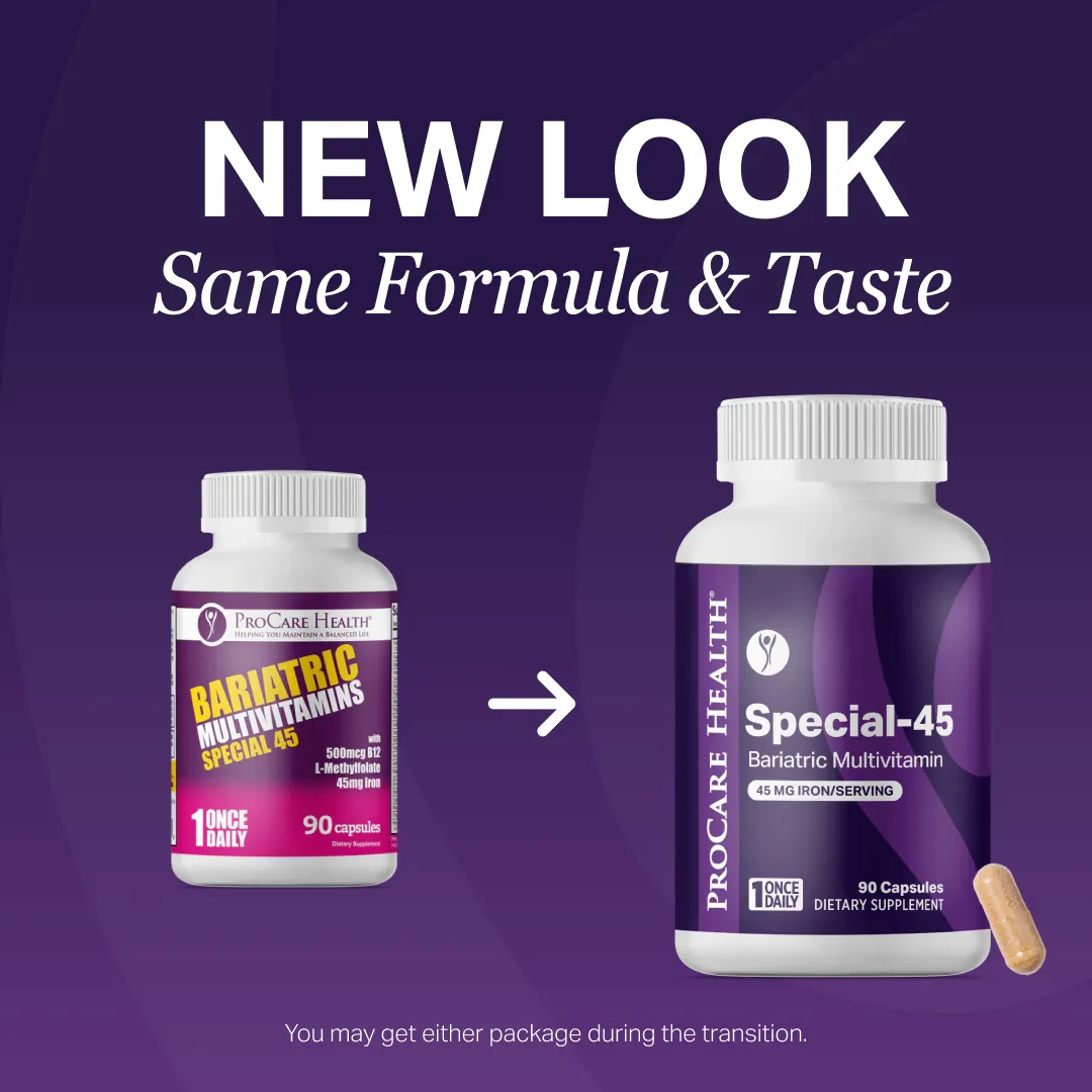 Two bottles of ProCare Health bariatric multivitamins on a purple background with text about new look and same formula.