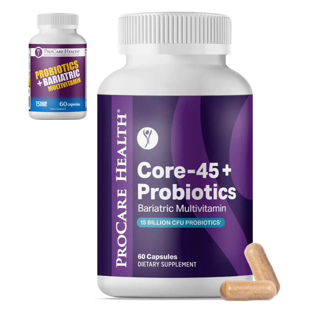 New packaging bottle of ProCare Health Core-45+ Probiotics Bariatric Multivitamin  shown next to smaller bottle of old packaging