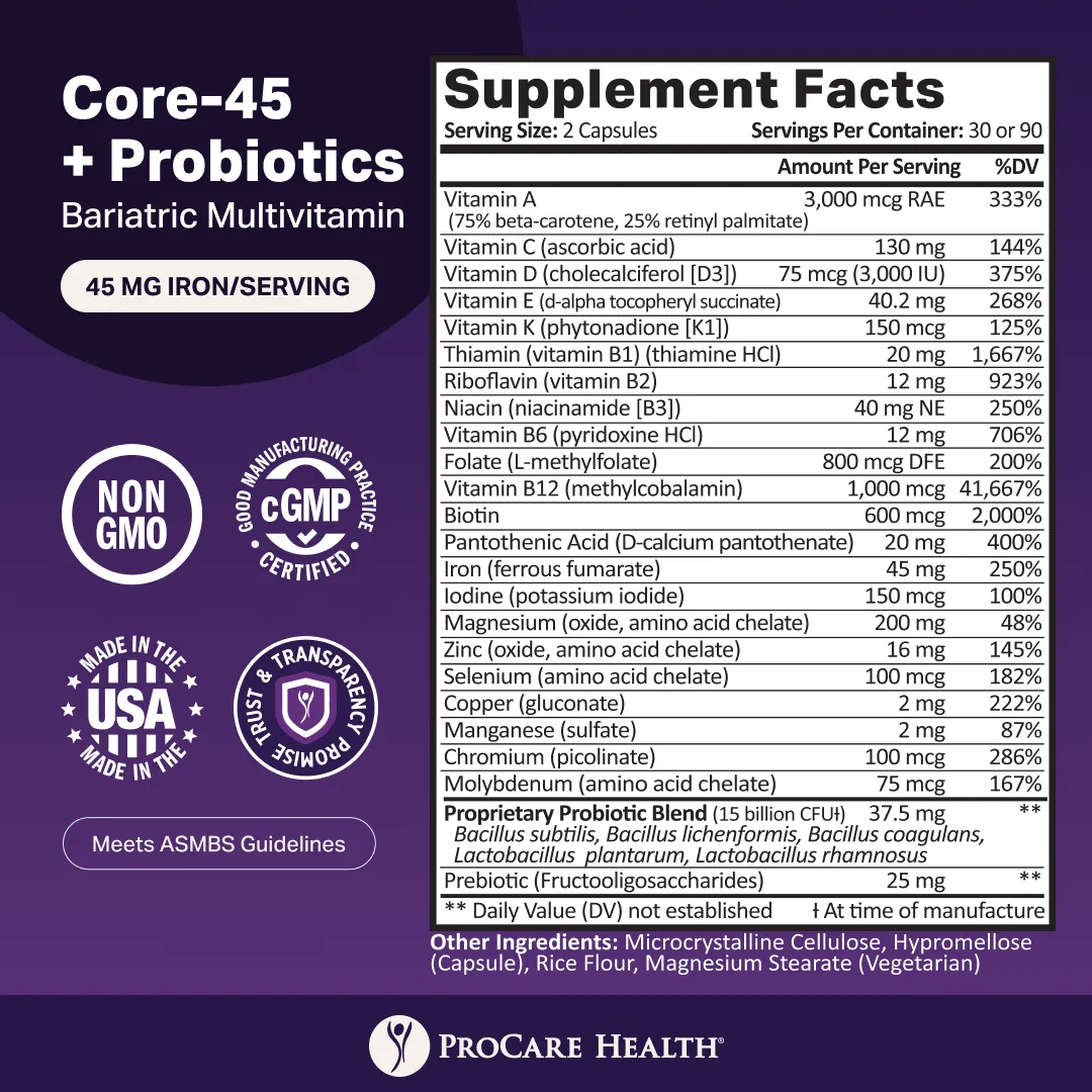 Core-45 + Probiotics supplement facts, badges for non-GMO, CGMP manufactured, made in the USA and meets ASMBS Guidelines