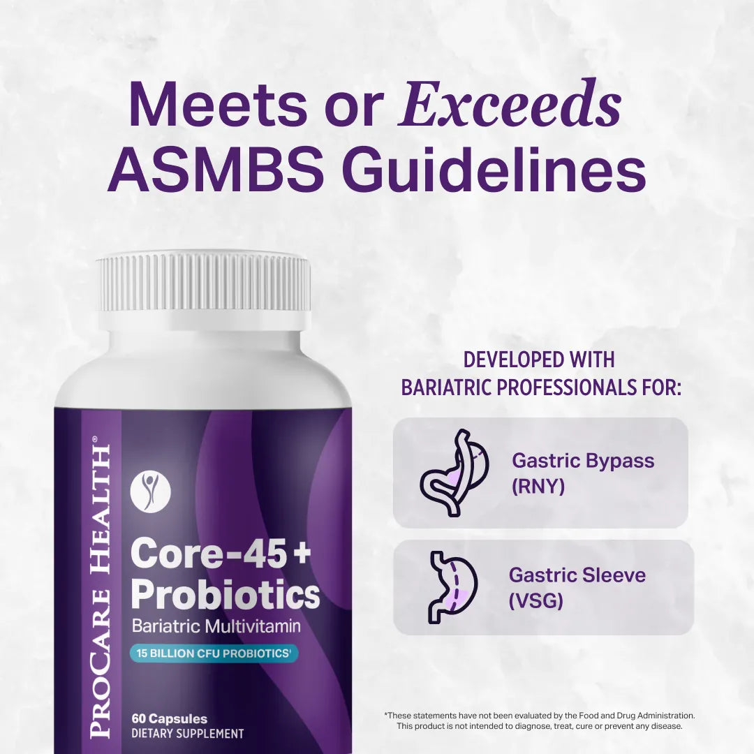 A bottle of ProCare Health Core-45+ Probiotics dietary supplement on a light textured background, with promotional text stating it meets or exceeds ASMBS guidelines and lists gastric bypass and gastric sleeve.