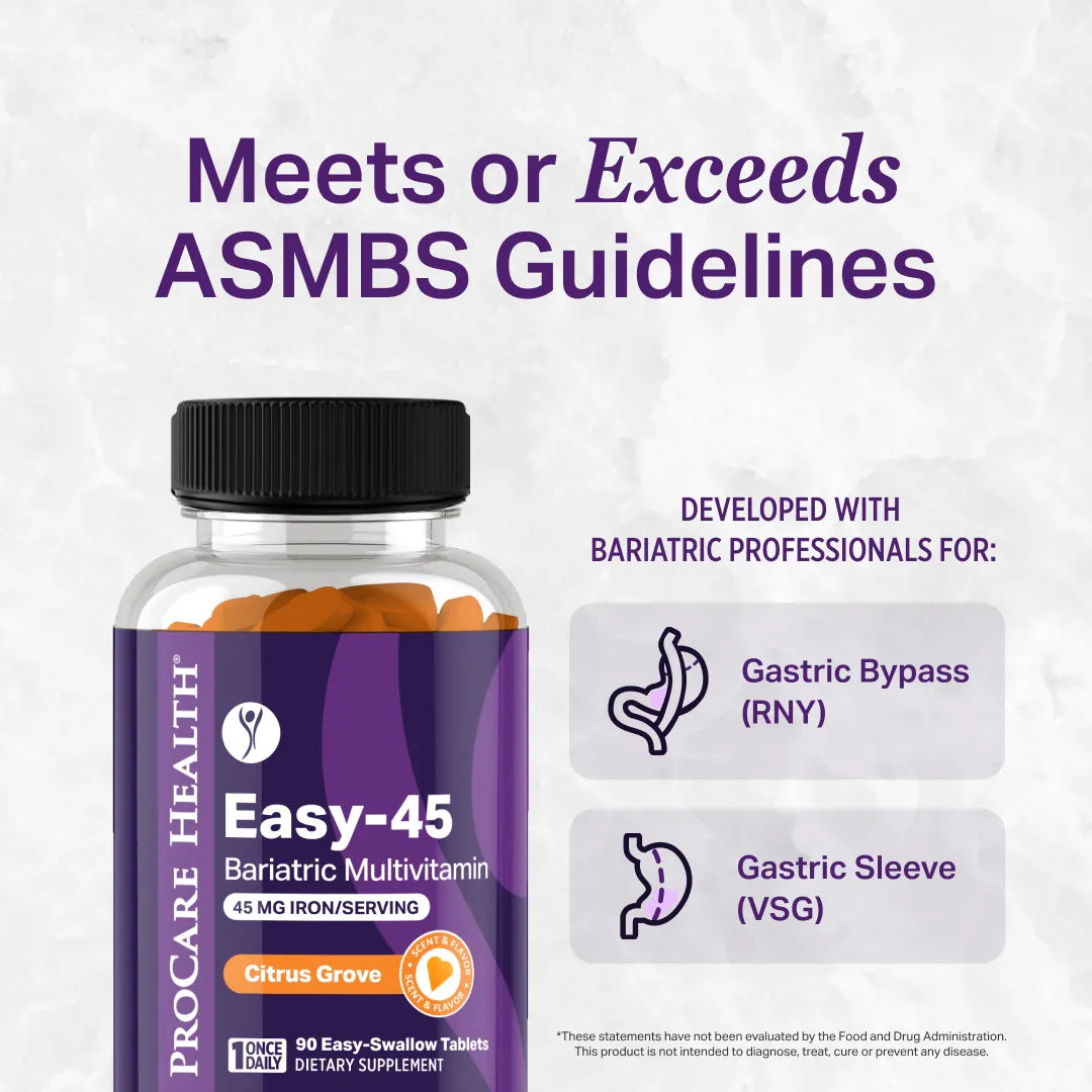 Bottle of ProCare Health Easy-45 Bariatric Multivitamin with text about meeting ASMBS guidelines.