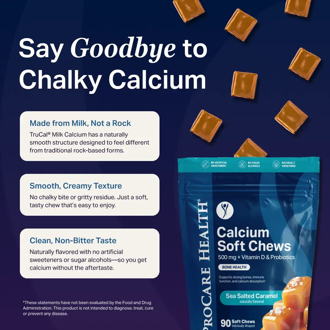 ProCare Health Calcium Soft Chews packaging with product details on a dark blue background