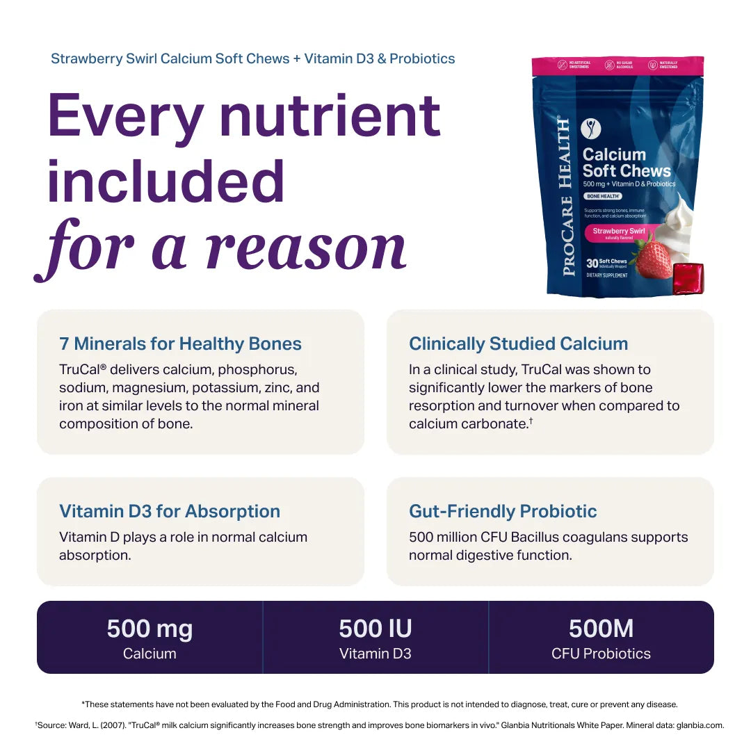 ProCare Health Calcium Chews with Vitamin D3 & Probiotics packaging on a white background