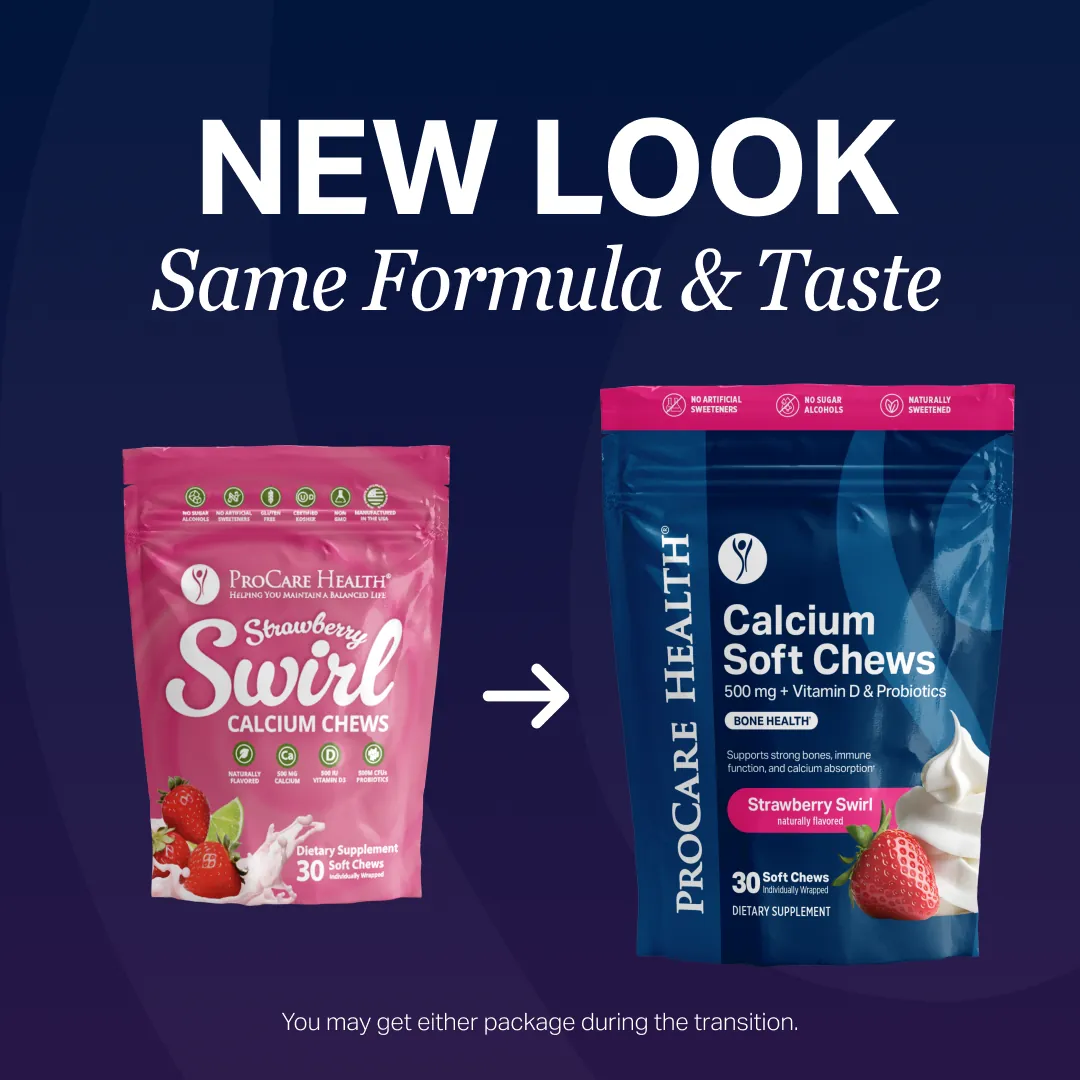 Two ProCare Health supplement packages side by side showing evolution of old to new packaging