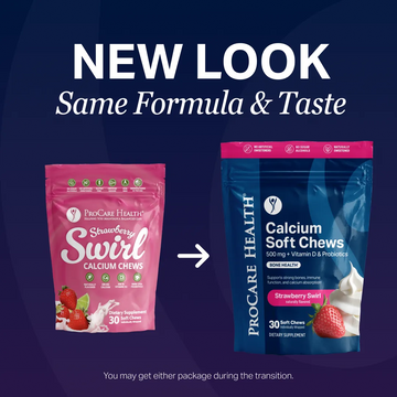 Two ProCare Health supplement packages side by side showing evolution of old to new packaging