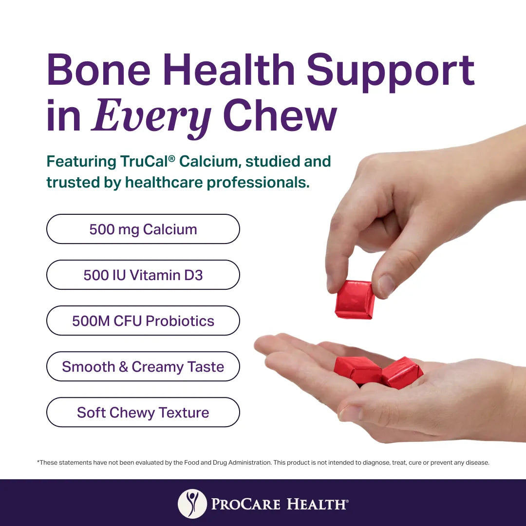 ProCare Health calcium chews with text about bone health support and features.
