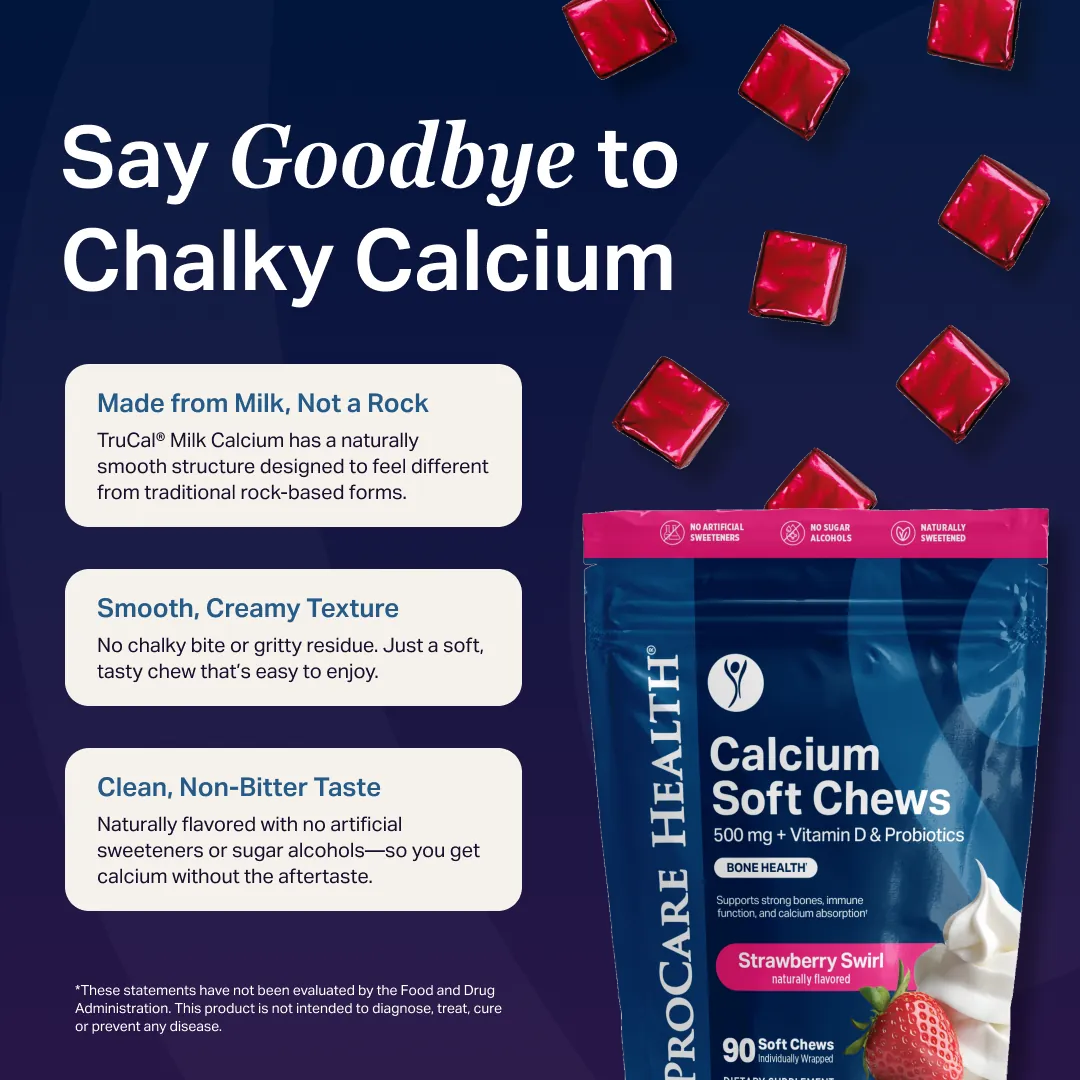 Strawberry Swirl Calcium Soft Chews spilling out of bag with text about creamy texture and non-bitter taste