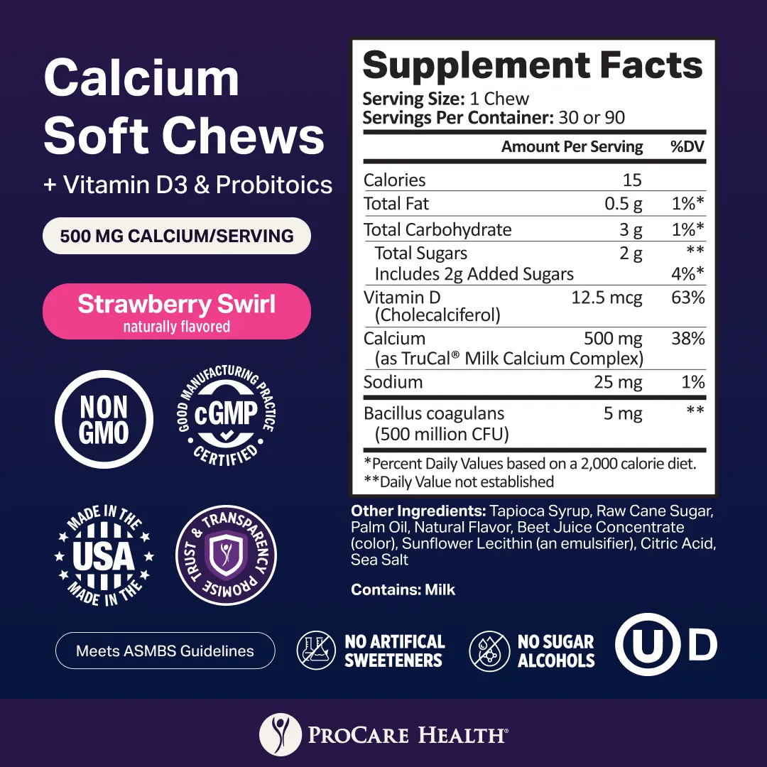 Supplement label for Strawberry Swirl Calcium Chews with vitamin D3 and probiotics