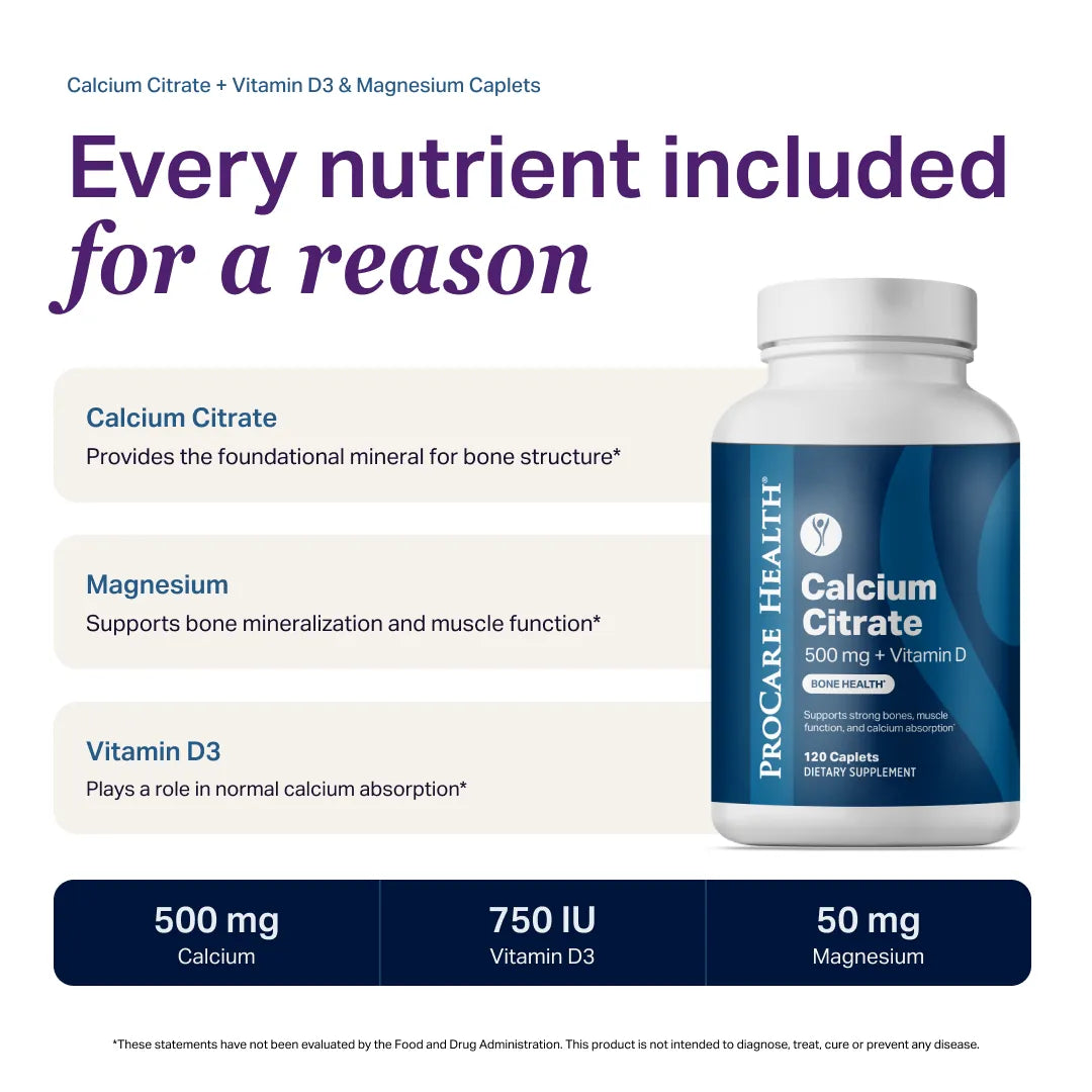 ProCare Health Calcium Citrate caplets highlighting 500 mg calcium, 750 IU vitamin D3, and 50 mg magnesium for bone health and calcium absorption support.