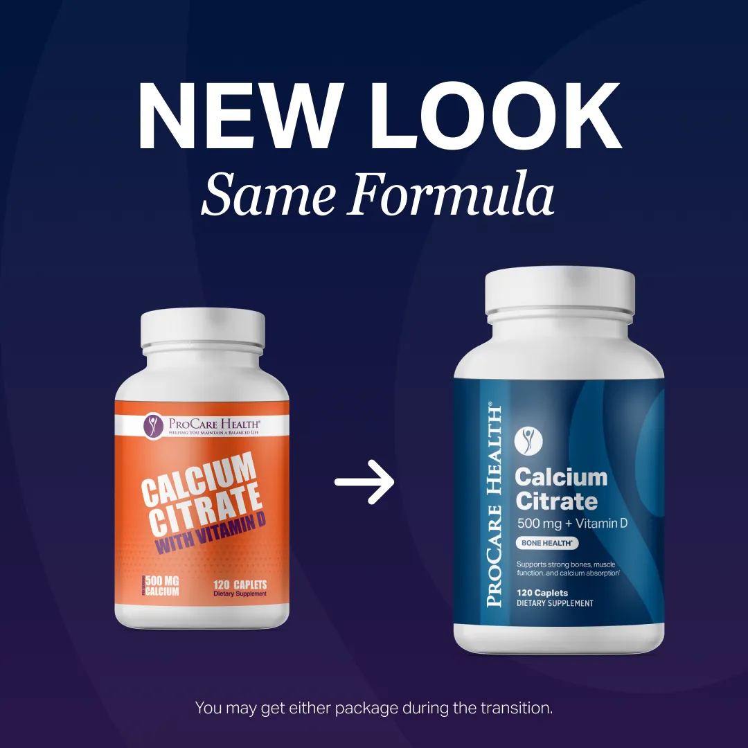 ProCare Health Calcium Citrate 500 mg with Vitamin D3 and Magnesium caplets packaging transition showing old orange label and new blue label with same formula.
