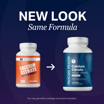 ProCare Health Calcium Citrate 500 mg with Vitamin D3 and Magnesium caplets packaging transition showing old orange label and new blue label with same formula.
