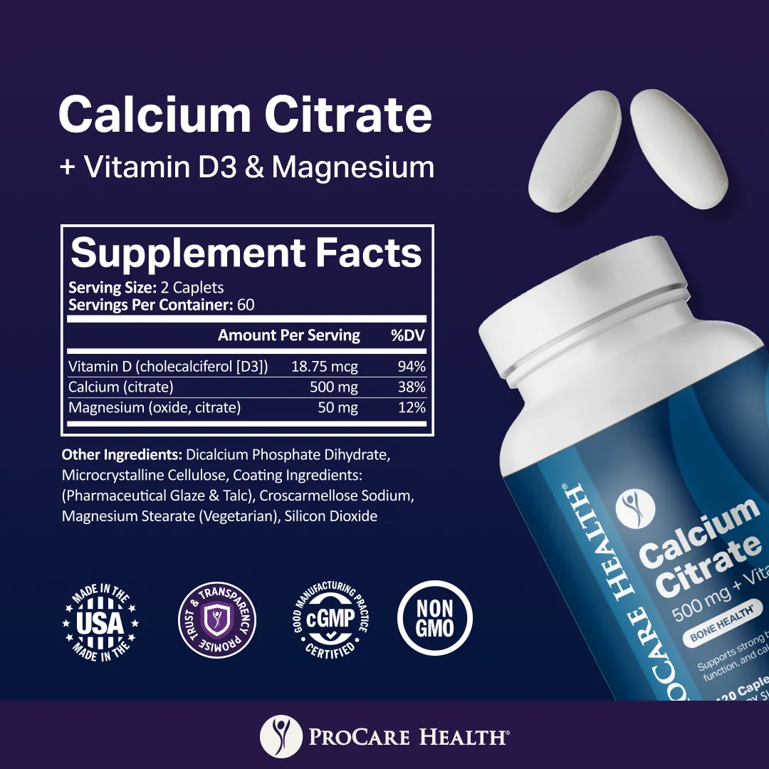 Supplement Facts for ProCare Health Calcium Citrate plus Vitamin D3 and Magnesium caplets featuring 500 mg calcium, 18.75 mcg vitamin D3, and 50 mg magnesium per serving.