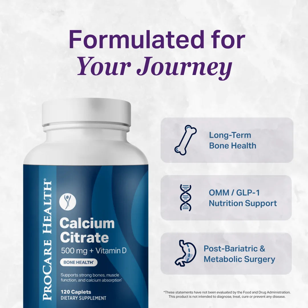 ProCare Health Calcium Citrate with Vitamin D3 and Magnesium formulated for long-term bone health, medical weight management, GLP-1 nutrition support, and post-bariatric surgery care.