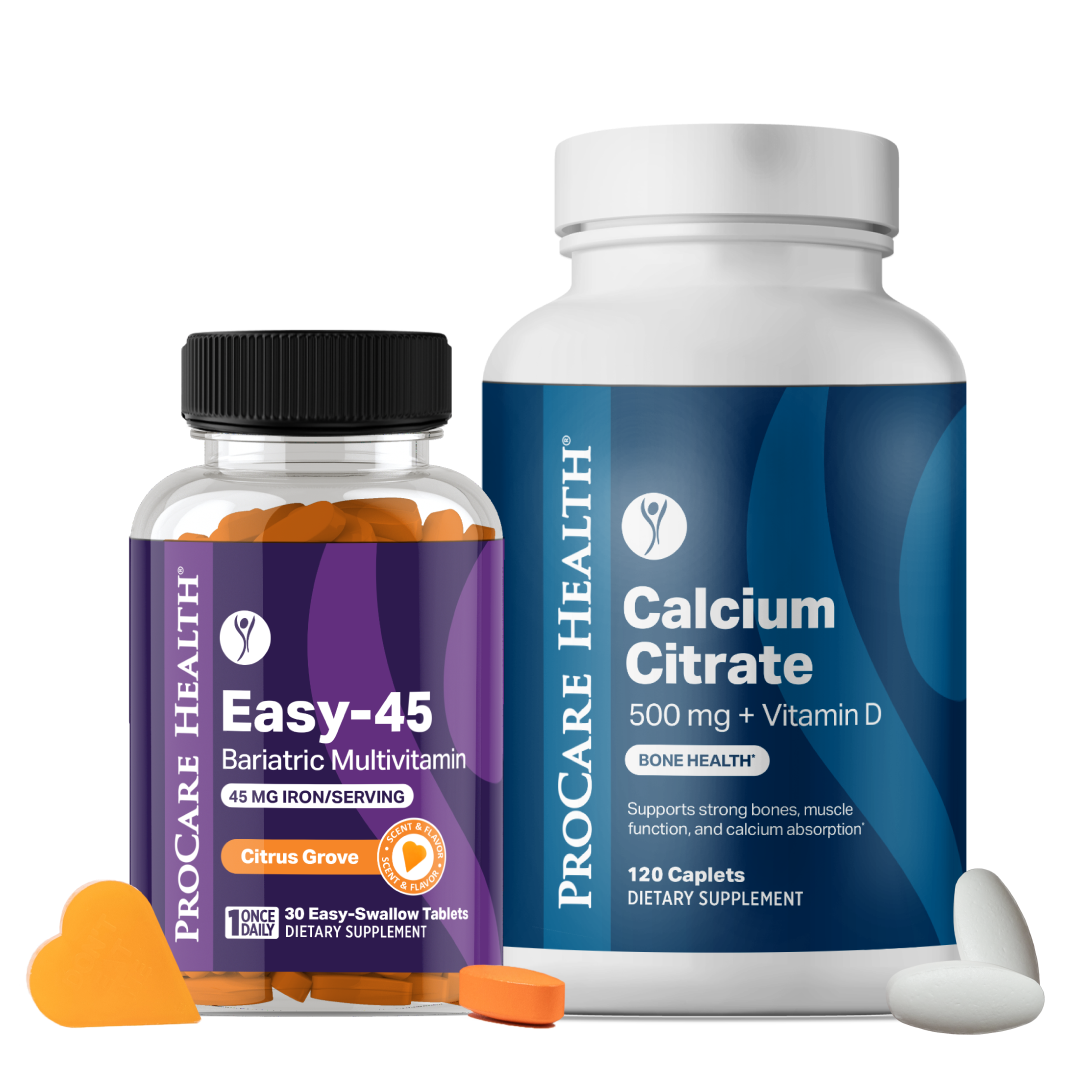 Easy-45 Bariatric Multivitamin and Calcium Citrate caplets supplement bottles on a white background