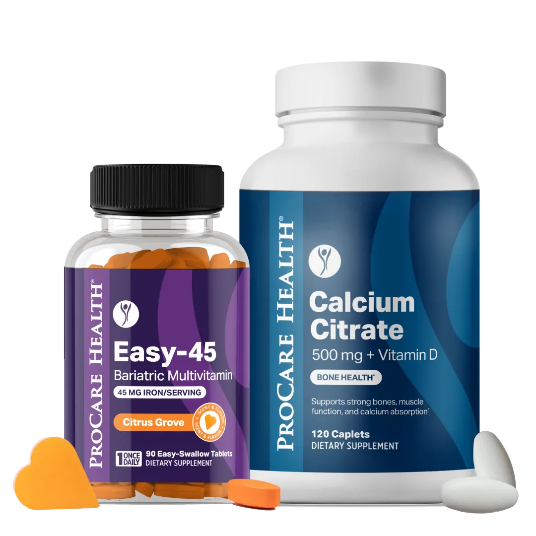Easy-45 Bariatric Multivitamin and Calcium Citrate caplets supplement bottles on a white background