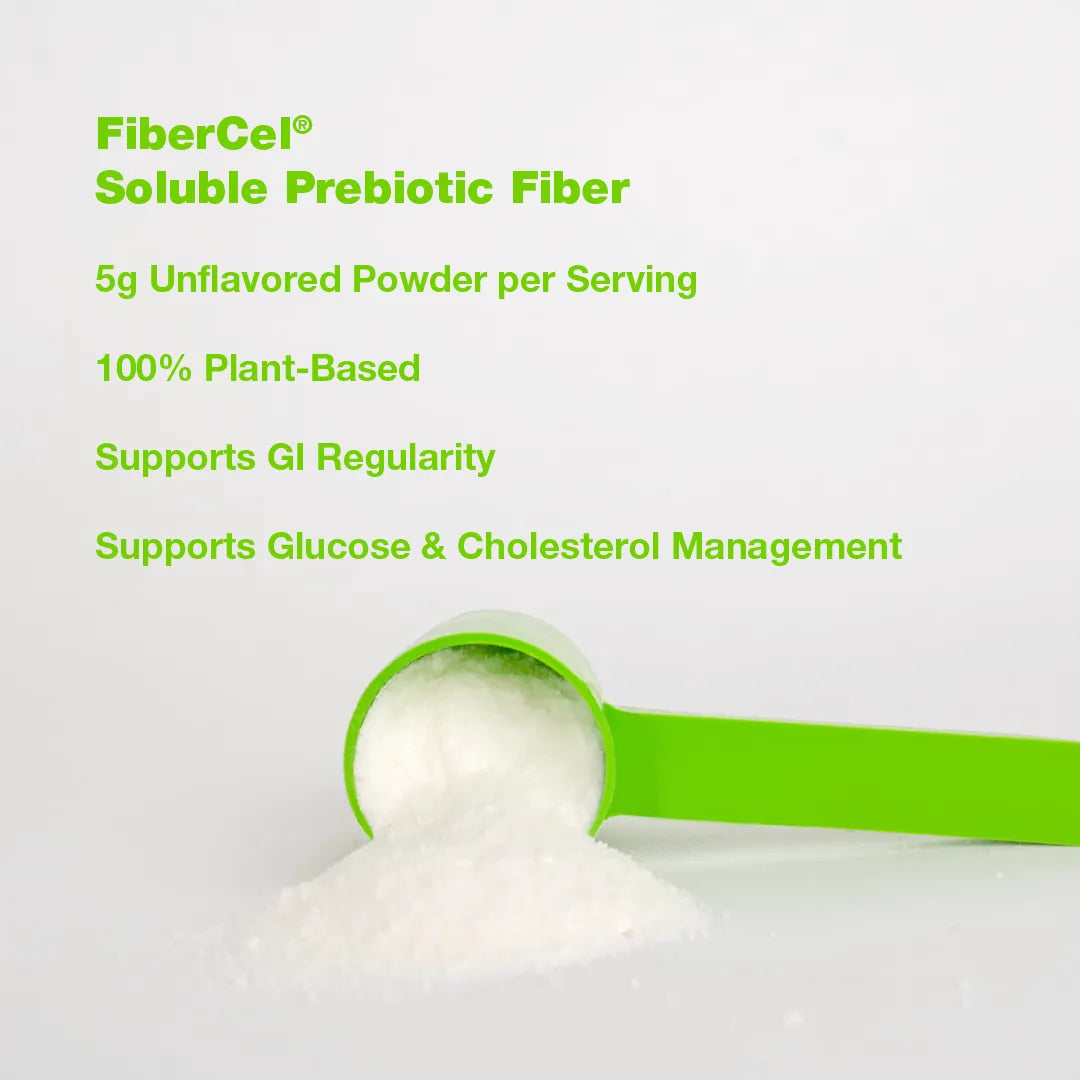 Scoop of FiberCel soluble prebiotic fiber powder, 5g unflavored and plant based per serving